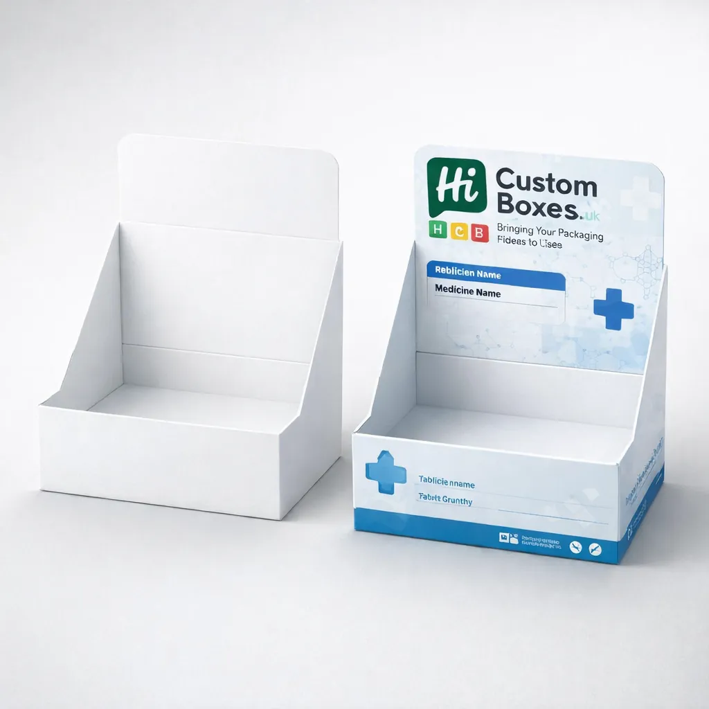 Two cardboard counter display units, one plain white and one printed with blue medical branding. class=